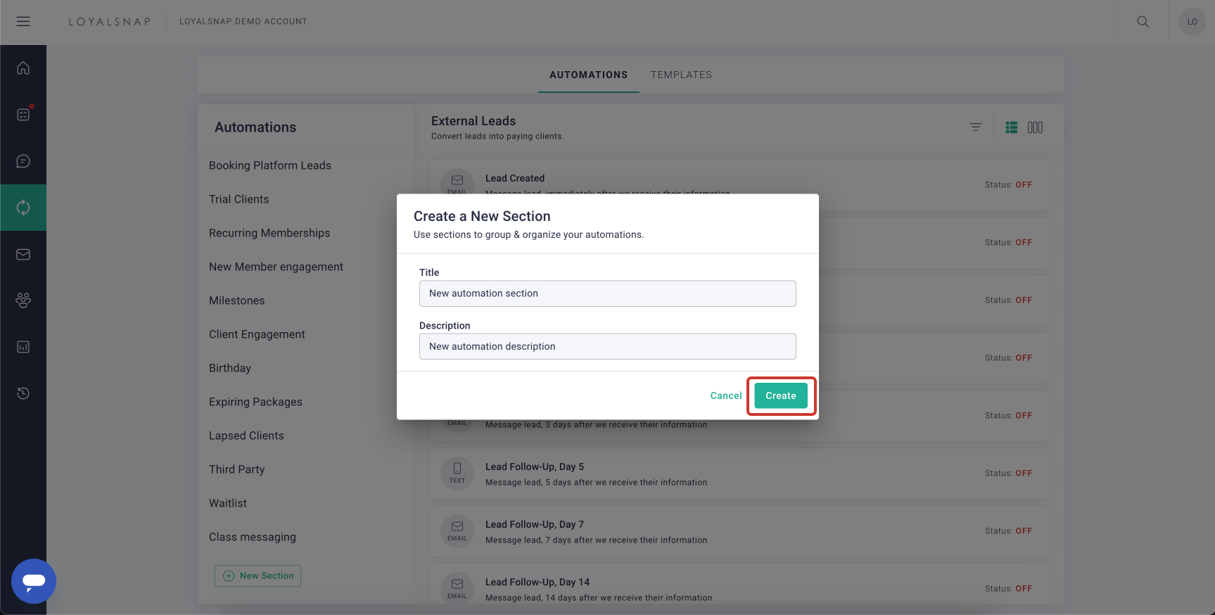 Loyalsnap - Create a new Automation Section - New section modal.jpg