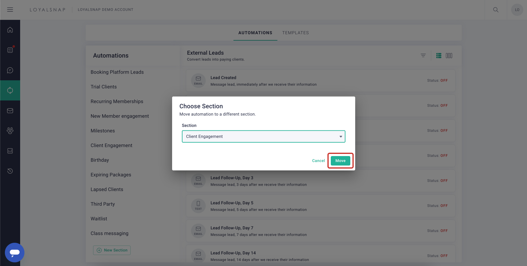 Loyalsnap - Create a new Automation Section - Choose section.jpg