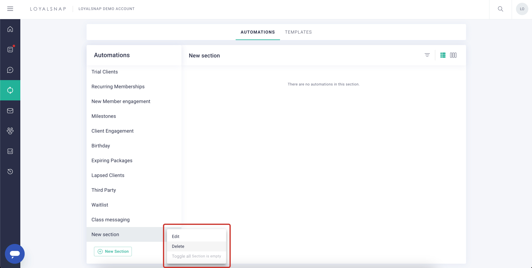 Loyalsnap - Create a new Automation Section - Delete section.jpg