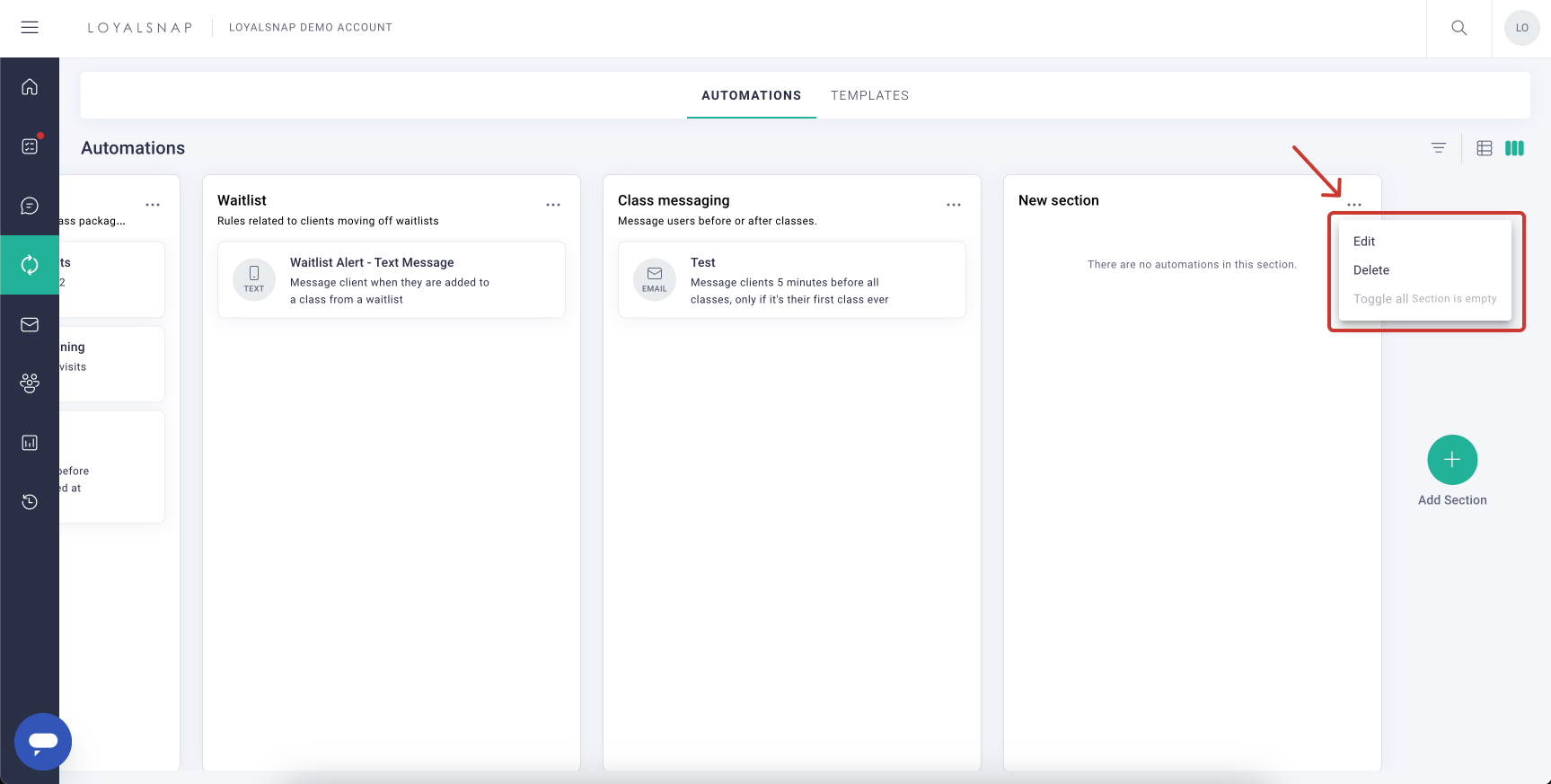 Loyalsnap - Create a new Automation Section - Delete section column view.jpg