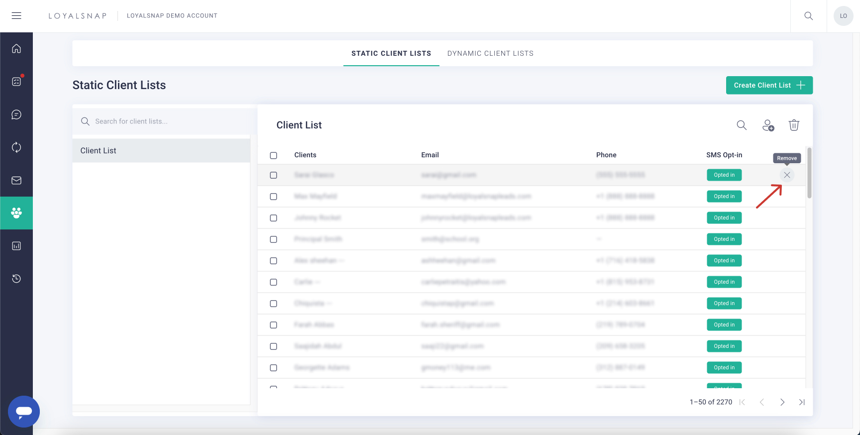 Loyalsnap - Remove Clients from Client Lists - one user.jpg