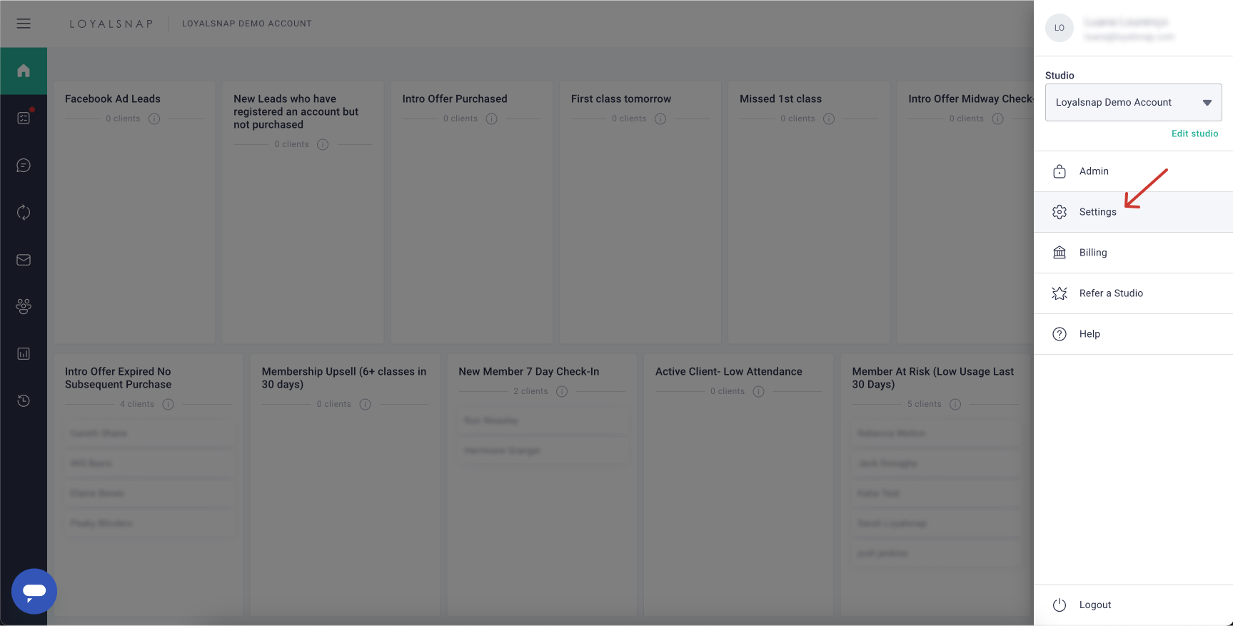 Settings menu