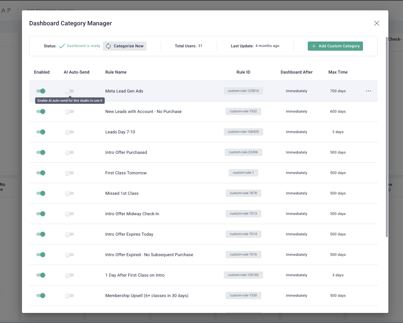 AI Auto-Send toggle in the Dashboard Category Manager
